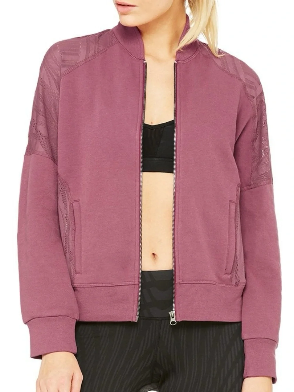 Alo Yoga Tempt Lace Yoke Bomber Jacket - Mauve Pink - Size XS